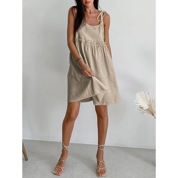 Commense Levanzo Tied Shoulder Linen Short Dress Light Brown Womens Size XS - Picture 2 of 10